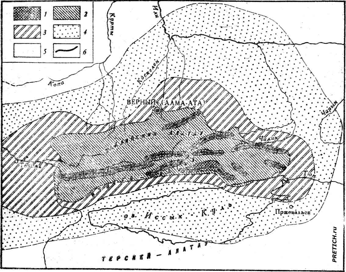 Карта изосейст и расположение разломов Тяш-Шаньского землетрясения в 1911 г.