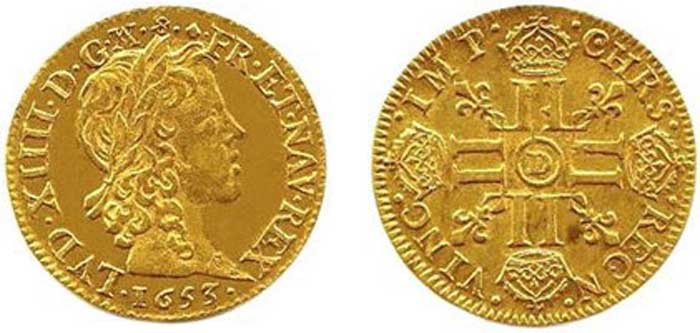 Луидор. 1653 г. Портрет Людовика XIV. Золото. Лионский монетный двор