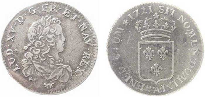 20 Солей (1/6 Экю). 1721 г., Серебро. Портрет Людовика XV