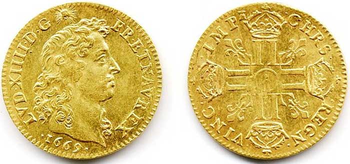 Золотой луидор Людовика XIV 1669 год