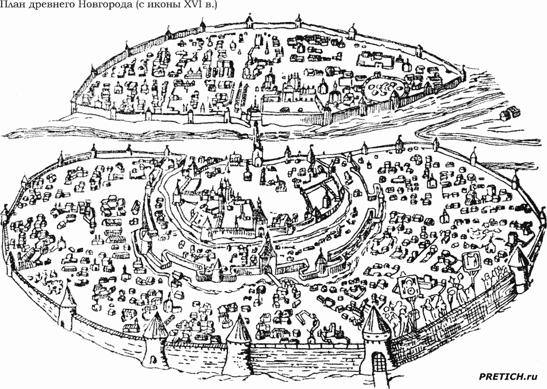 План древнего Новгорода, с иконы XVI века