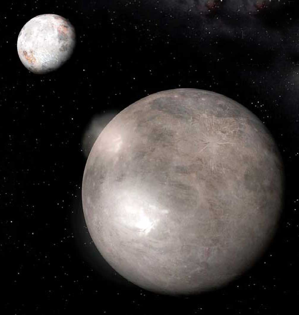 Плутон на переднем плане и его компаньон Харон современная астрономия