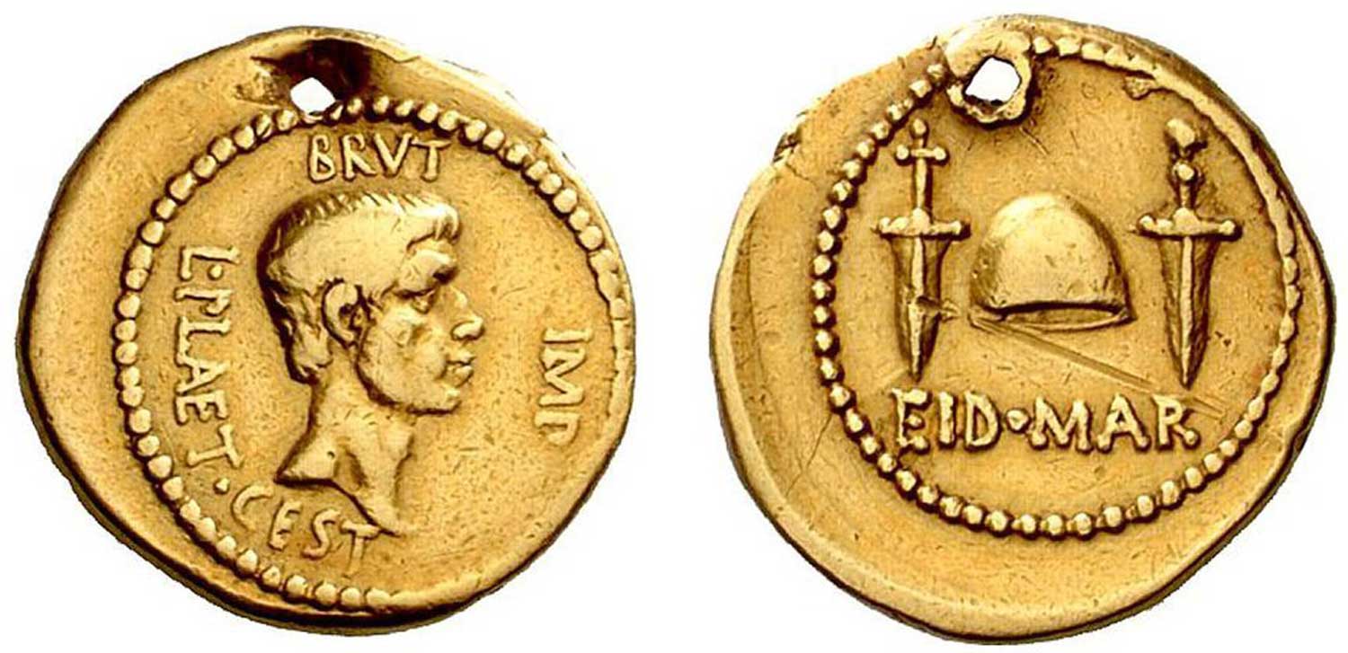 Золотая римская монета BRVT IMP EID MAR с изображением Брута в профиль