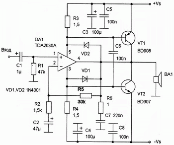 TDA2030A как драйвер УНЧ с мощными внешними транзисторами