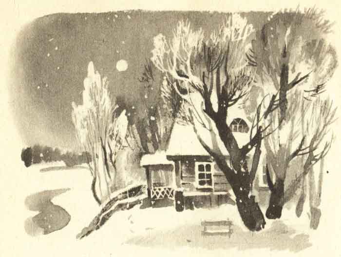 зима в русской деревеньке, рисунки из советской книги