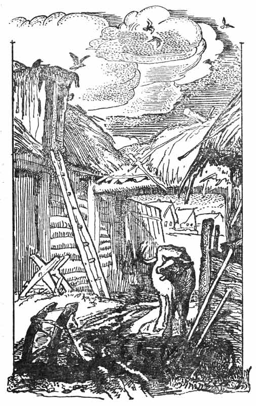 Иллюстрация - крестьянская изба и скот